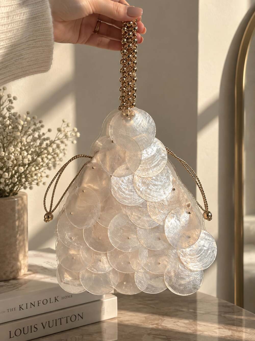 Ivory Shell Payette Triangle Bag Handcrafted Evening Purse